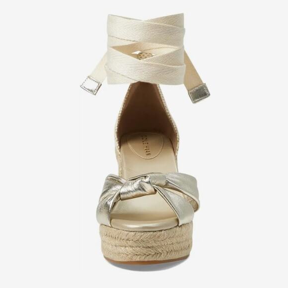 NWT Cole Haan Cloudfeel Hampton ankle tie espadrille wedge sandal in Gold - Picture 3 of 13